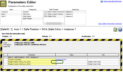 Parameters Editor with the Position Upper Limit value circled